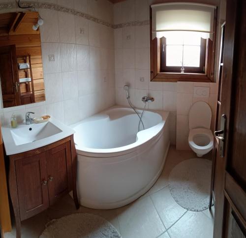 a bathroom with a tub and a sink and a toilet at Zrub u Zuzany in Lazy pod Makytou