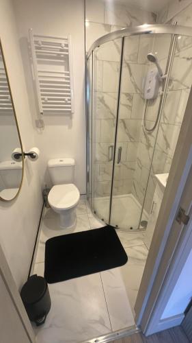 a white bathroom with a shower and a toilet at Brigstock 9 in Thornton Heath