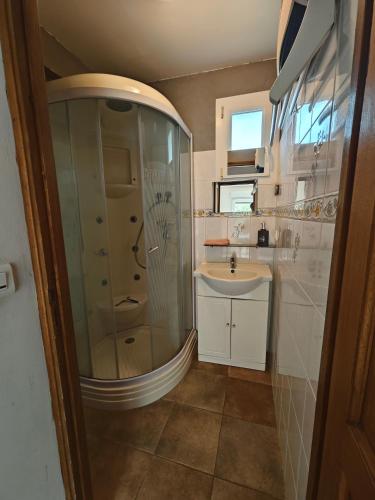 a bathroom with a shower and a sink at La Belangerie in Saint-Loup