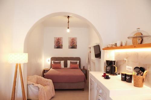 a bedroom with a bed in a room with an archway at Town Apartment in Mikonos