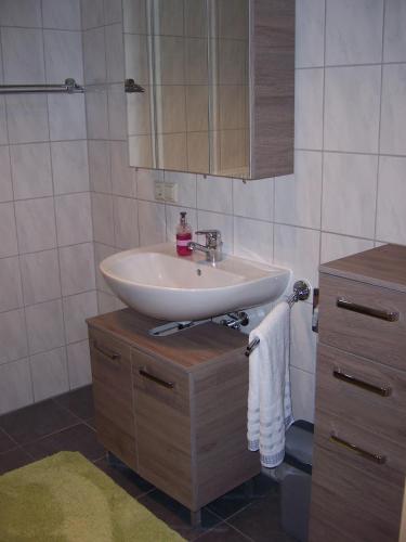 a bathroom with a sink and a mirror at Ferienwohnung Störkle in Maselheim