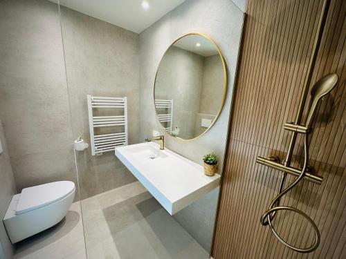 a bathroom with a sink and a mirror at Het Huis - luxury villa near Tomorrowland in Willebroek
