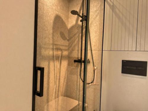 a shower stall with a shadow of a woman at Casa Luba in Saulkrasti