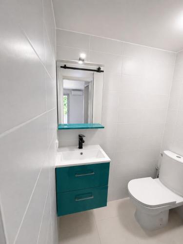 a bathroom with a toilet and a sink and a mirror at Charmant 3 pièces avec terrasse, vue mer et parking à Vence in Vence