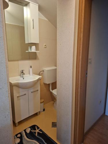 a bathroom with a sink and a toilet and a mirror at Enjoy in Omiš