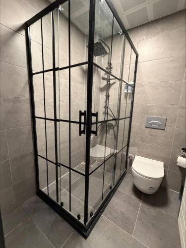 a glass shower in a bathroom with a toilet at Divan Tower Otel in Erzurum