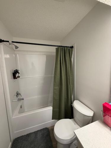 a bathroom with a toilet and a tub and a sink at Haverims Cozy and Neat Basement in Edmonton