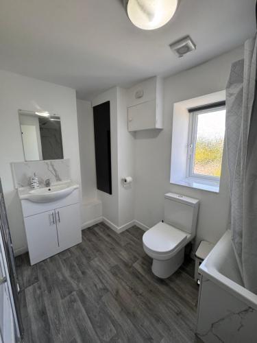 a white bathroom with a toilet and a sink at Serenity LTD in Leicester