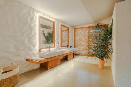 a bathroom with two sinks and a potted plant at Reserva Jacumã Boutique Hotel in Trancoso