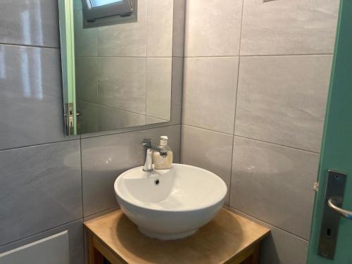 a bathroom with a white sink and a mirror at Agioi Apostoloi apartments in Agioi Apostoli