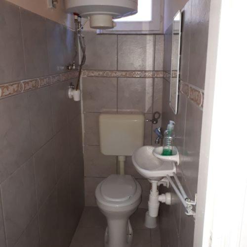 a small bathroom with a toilet and a sink at Napfény Apartman in Bogács