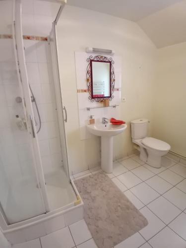 a bathroom with a sink and a shower and a toilet at Les Castelblotines in Châteaubleau