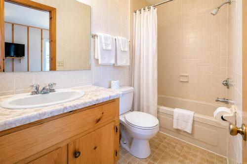 a bathroom with a sink and a toilet and a shower at Baddeck Inn in Baddeck