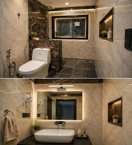a bathroom with a white toilet and a sink at Fu Shang Villa in Kathmandu