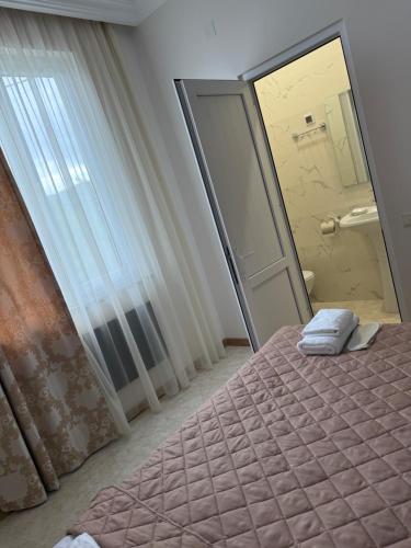 a bedroom with a mirror and a pink bed at Guest House in Halidzor