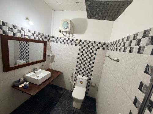 a bathroom with a sink and a toilet and a mirror at Green Senz - Tourist Board Approved Hotel & Hostel - Sigiriya in Sigiriya