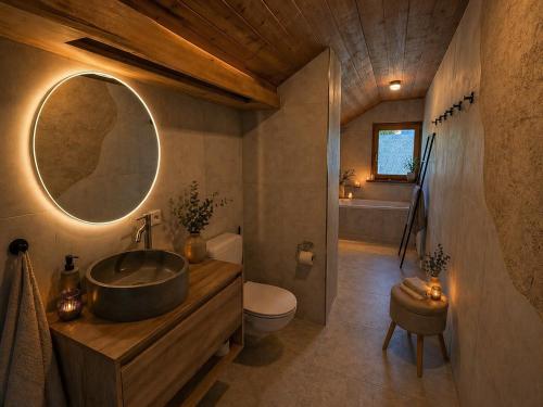 a bathroom with a sink and a toilet and a mirror at Garage Loft in Satteins