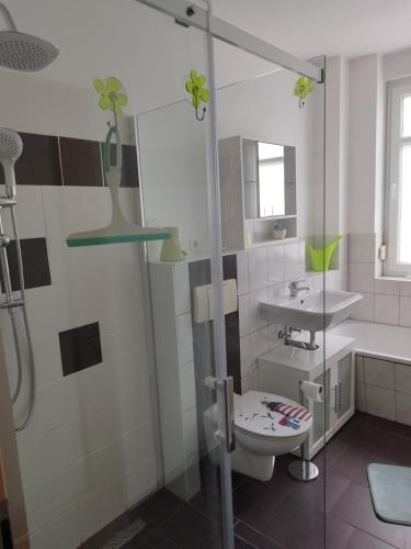 a bathroom with a shower and a toilet and a sink at Altes Forsthaus Zwenkau in Zwenkau