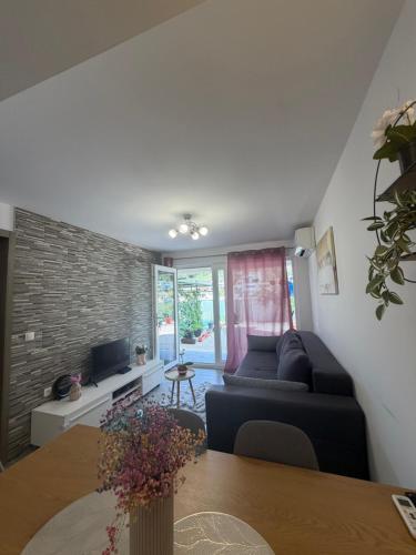 ein Wohnzimmer mit Sofa und Tisch in der Unterkunft Apartman Teo in Blace