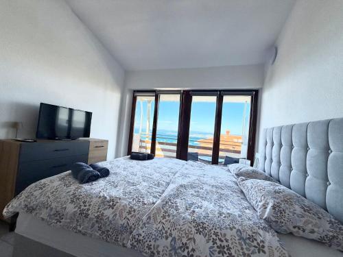 a bedroom with a bed with a view of the ocean at Studio Vesna & Žan in Koper