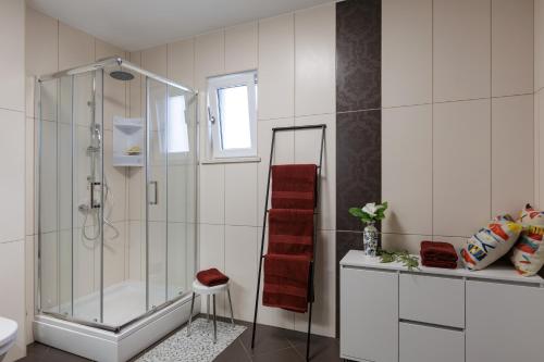 a bathroom with a glass shower and a toilet at Apartments Veramenta in Cavtat