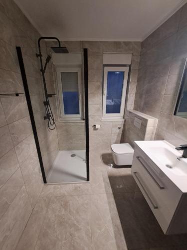 a bathroom with a shower and a toilet and a sink at House Veljko in Vrhovine