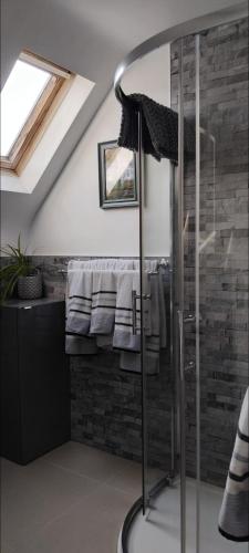 a bathroom with a shower and a stone wall at Clifden Glen House in Clifden