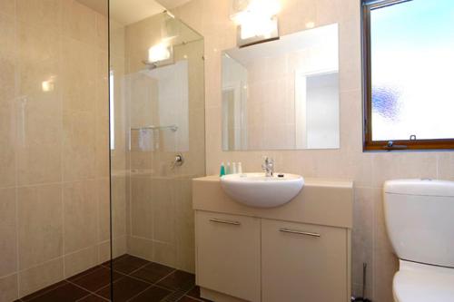 a bathroom with a sink and a shower and a toilet at Chalet Hotham 1 in Mount Hotham
