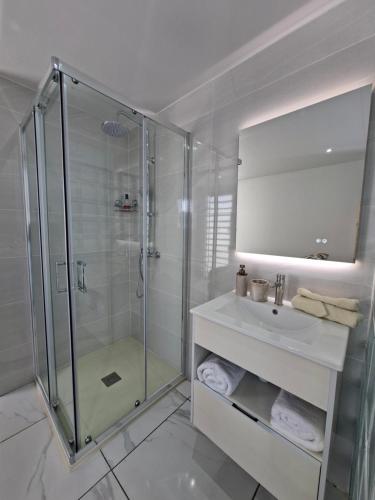 a bathroom with a glass shower and a sink at Studio Splash 2 personnes piscine chauffée in Rivière-Salée