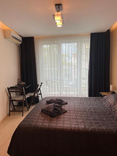 a bedroom with a bed and a table and a window at KiShouse in Burgas