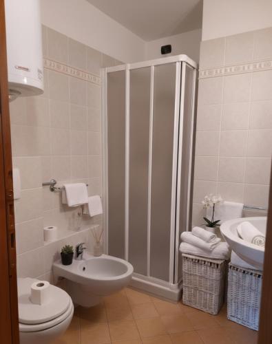 a bathroom with a shower and a toilet and a sink at Lo chalet di Lucky in Campodolcino