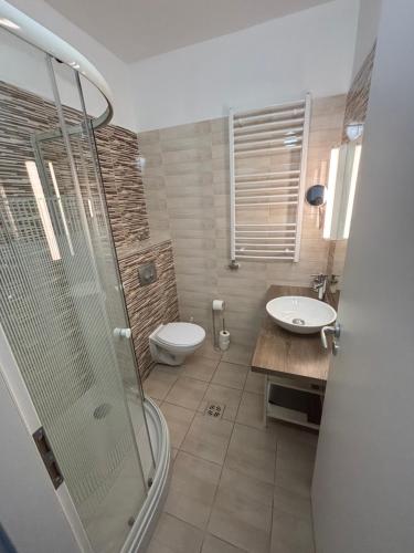 a bathroom with a shower and a toilet and a sink at Anonymus Vendégház in Siófok