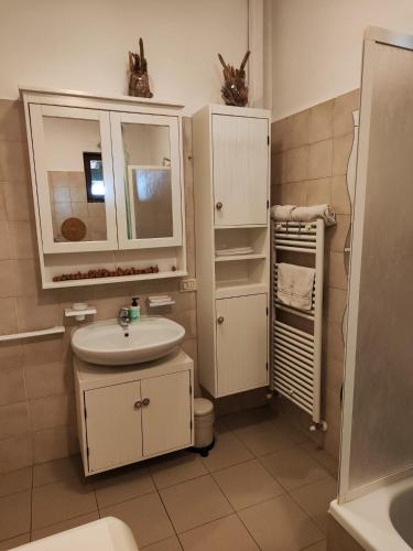 a bathroom with a sink and a toilet and a mirror at Agriturismo Tenuta Blueberry - Glicine in Varallo Pombia