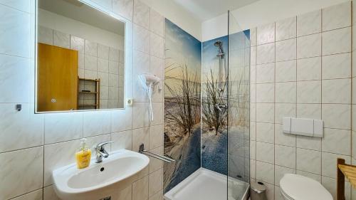 a bathroom with a shower and a sink and a mirror at CBlue "Apartmenthaus Chrischanshof" in Warnemünde