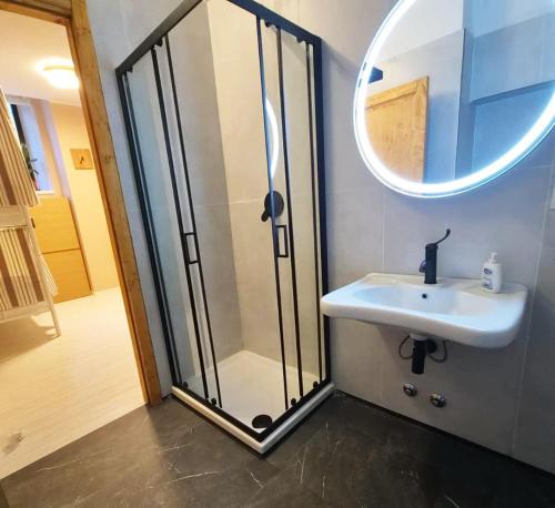 a bathroom with a shower and a sink and a mirror at Zippy Hostel in Milan