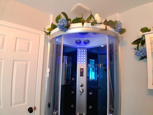 a mirror in a bathroom with flowers on the ceiling at By Summersville Lake 3BR Jetted Tub Sauna in Craigsville