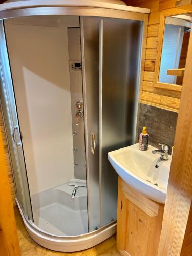 a bathroom with a shower and a sink at Des roulottes en Provence in Barbentane