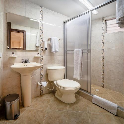 a bathroom with a toilet and a sink and a shower at HOTEL AMERICANA PASTO in Pasto