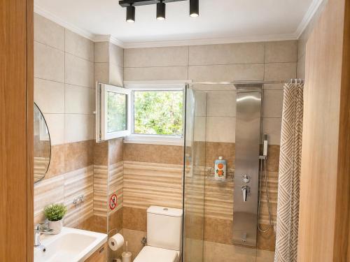 a bathroom with a shower and a toilet and a sink at Joannas Luxury Apartment in Corfu