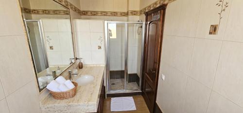 a bathroom with a shower and a sink and a mirror at Casa Rural Los Gaspares in La Carlota