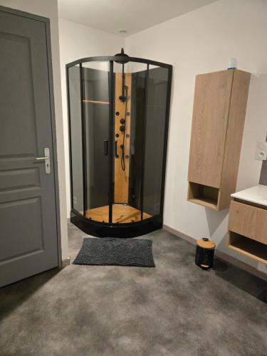 a shower in a room next to a door at L Arcluzette in Fréterive