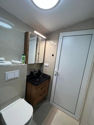 a bathroom with a toilet and a sink and a mirror at Dori Cottage in Ada