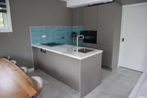 a kitchen with a sink and a microwave at Burgvliet41 in Oostkapelle
