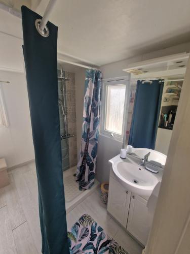 a bathroom with a sink and a shower and a toilet at Chalet de la Source in Casanova