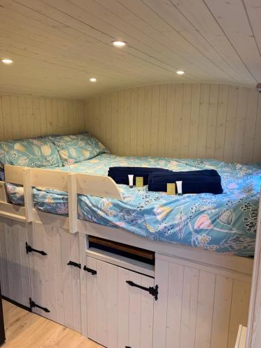 a bunk bed in a small room with a bed at Heated shepherds hut overlooking open countryside in Chichester