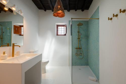 a bathroom with a shower and a sink and a toilet at New! Villa Plana Menut in Santa Gertrudis de Fruitera
