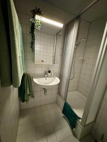 a bathroom with a sink and a shower at Little Dream Konstanz in Konstanz