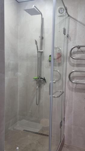 a shower with a glass door in a bathroom at Luxury in Kokshetau