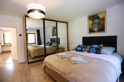 a bedroom with a bed and a large mirror at Apartament pod Osówką in Głuszyca