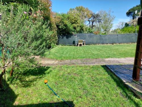 a yard with a fence and a bench in the grass at Casa con giardino in Cecina